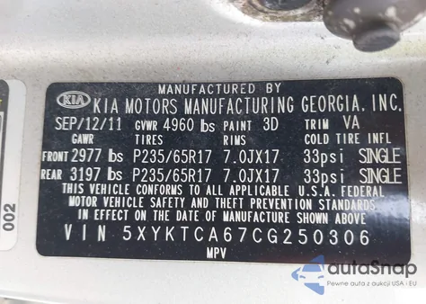 2012 Kia Sorento Lx from USA, damaged, VIN 5XYKTCA67CG250306
